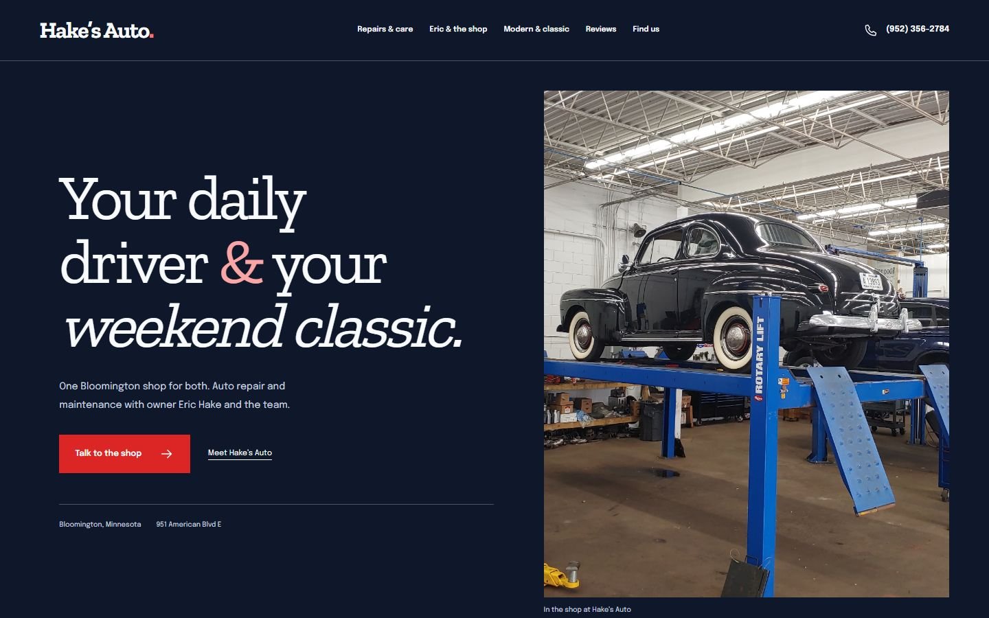 Hake’s Auto demonstration website on desktop
