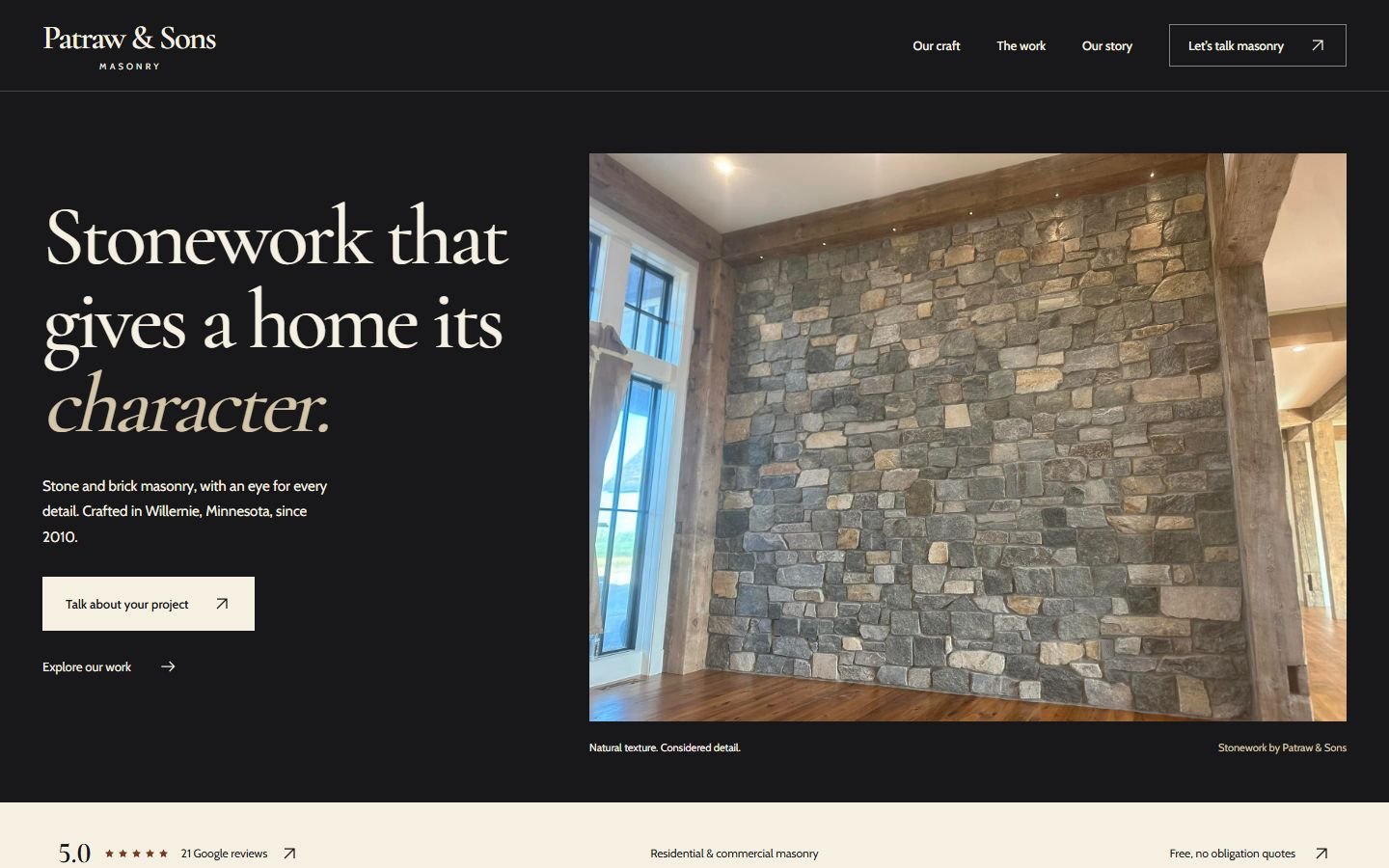 Patraw & Sons Masonry demonstration website on desktop